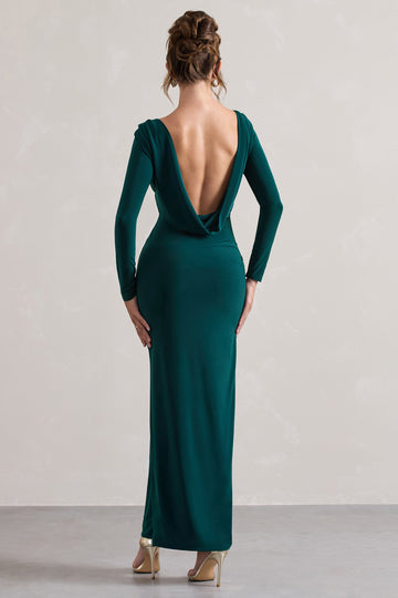 Virgo Bottle Green Cowl-Back Long-Sleeve Split Maxi Dress
